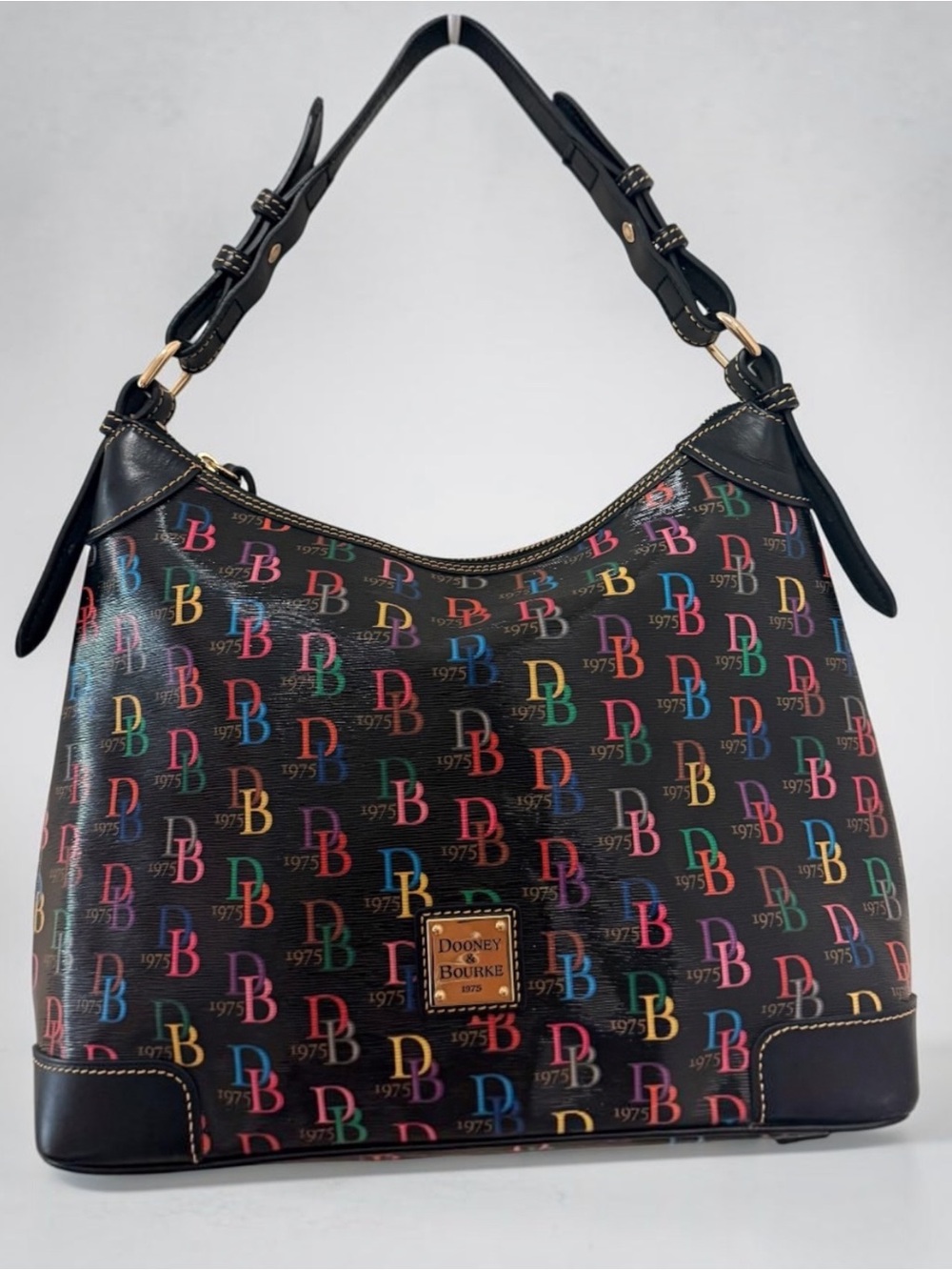 Dooney & Bourke DB75 Multi Signature Hobo Shoulder Bag Black Rainbow 1975